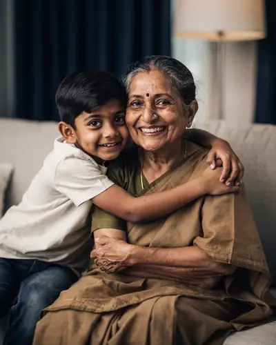 A grandmother hugging her grandson, an illustrative picture