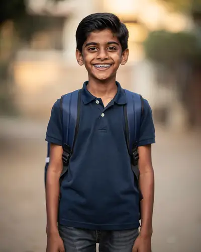 A schoolboy with a backpack smiling, an illustrative picture