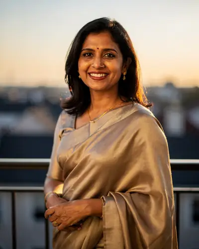 A woman in her forties smiling at sunset, an illustrative picture