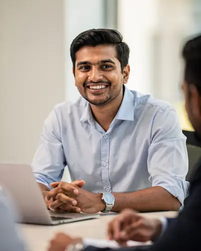 A young man smiling confidently at a laptop, an illustrative picture