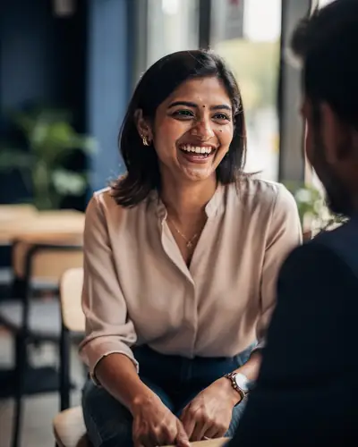A young professional woman laughing in a meeting, an illustrative picture