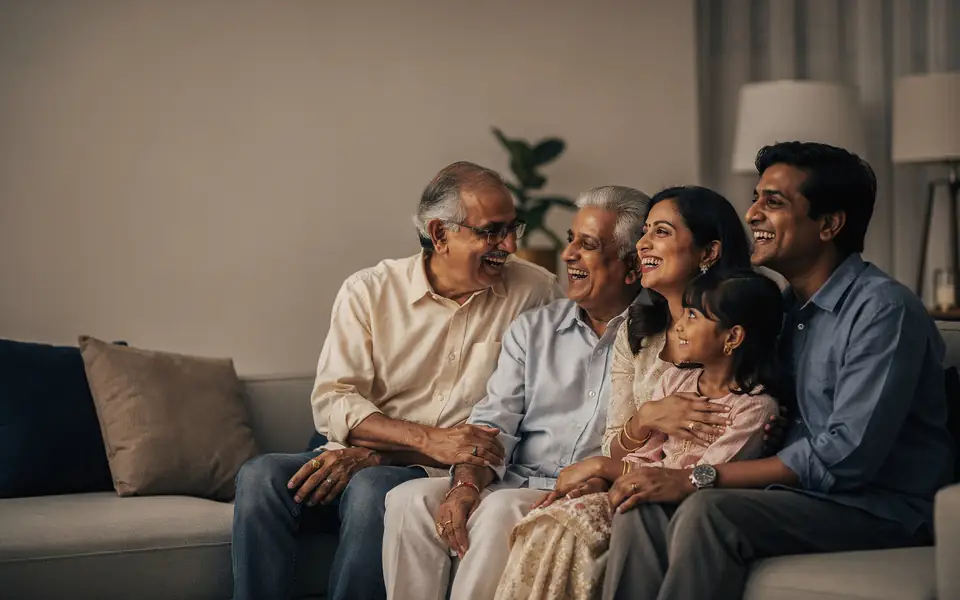 Three generations of a family laughing together