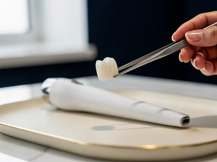 Illustrative picture: a ceramic dental crown held in tweezers beside an intraoral scanner
