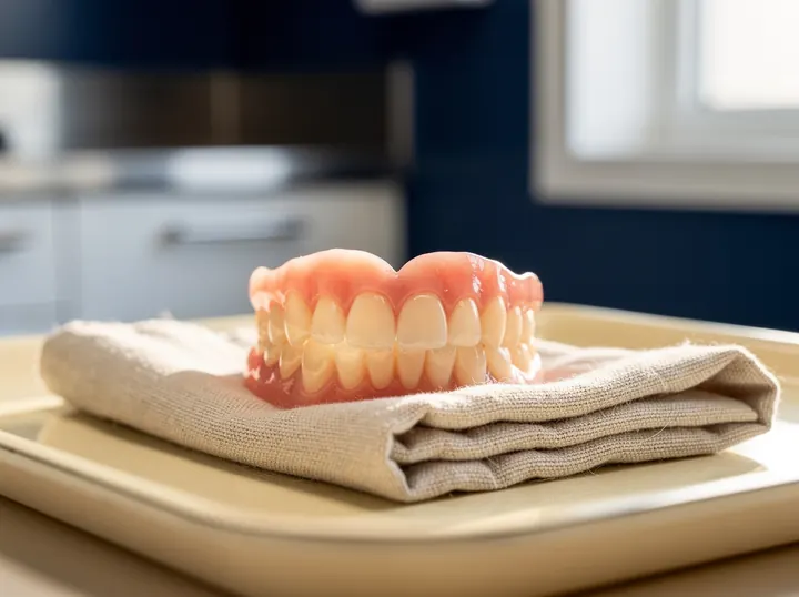 Illustrative picture: a natural-looking full denture resting on a soft cloth
