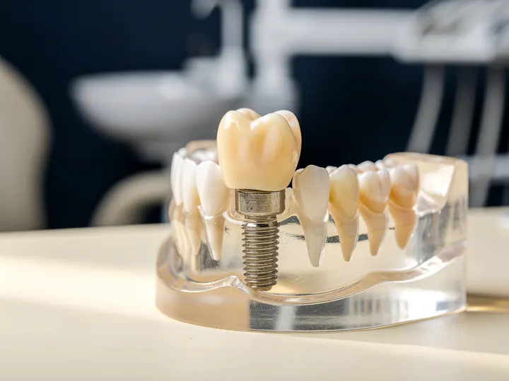 Illustrative picture: a model of a dental implant with a crown on top