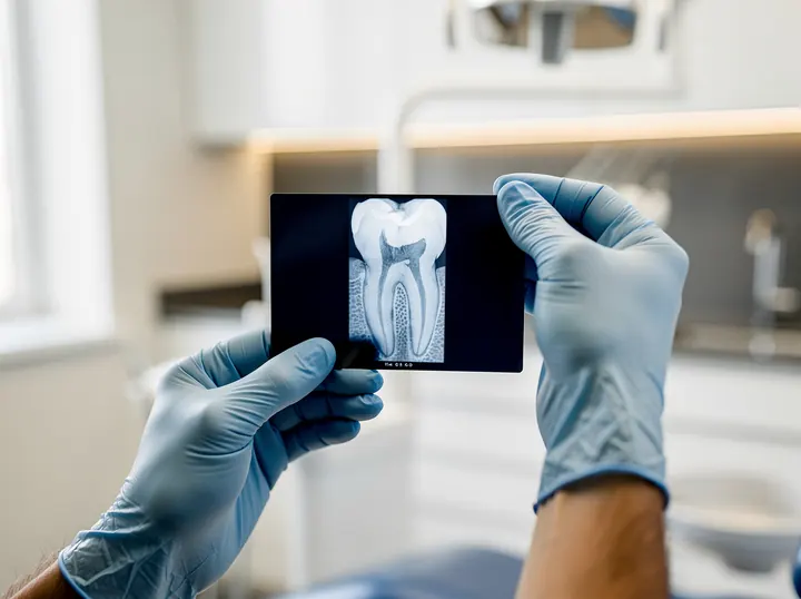 Illustrative picture: a dentist holding an X-ray of a root-canal-treated molar