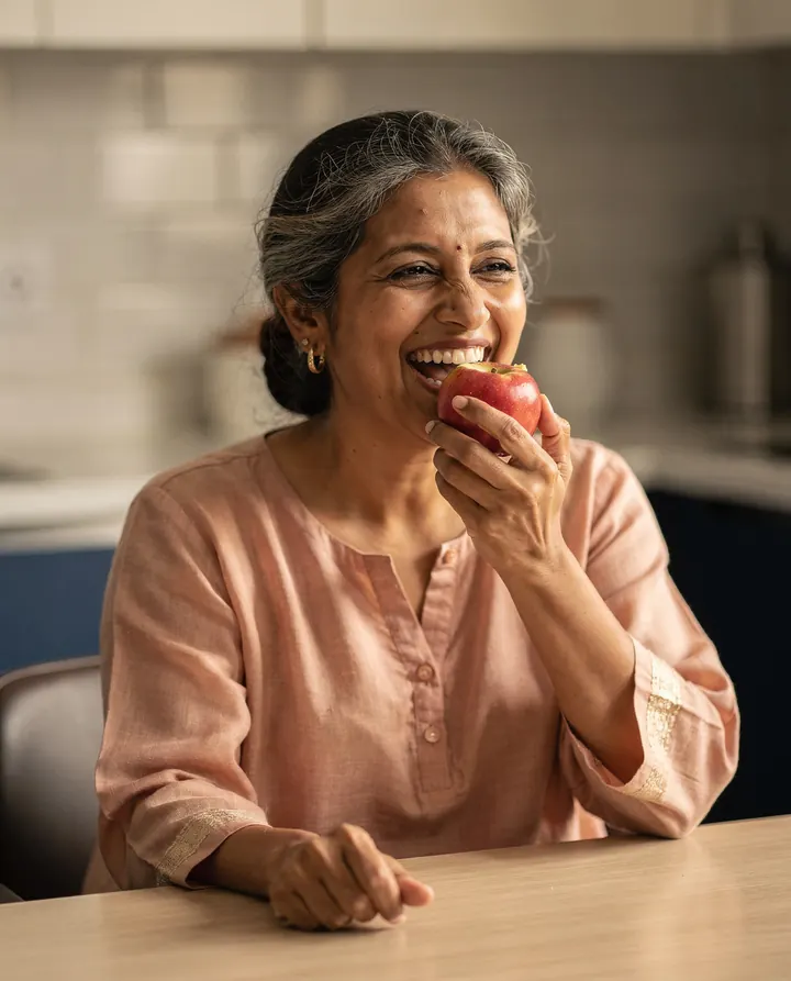Illustrative picture: a woman laughing as she bites into an apple at her kitchen table