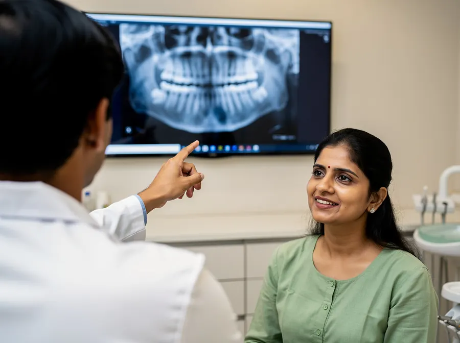 Illustrative picture: a dentist explaining a dental X-ray on a screen to a woman who looks reassured