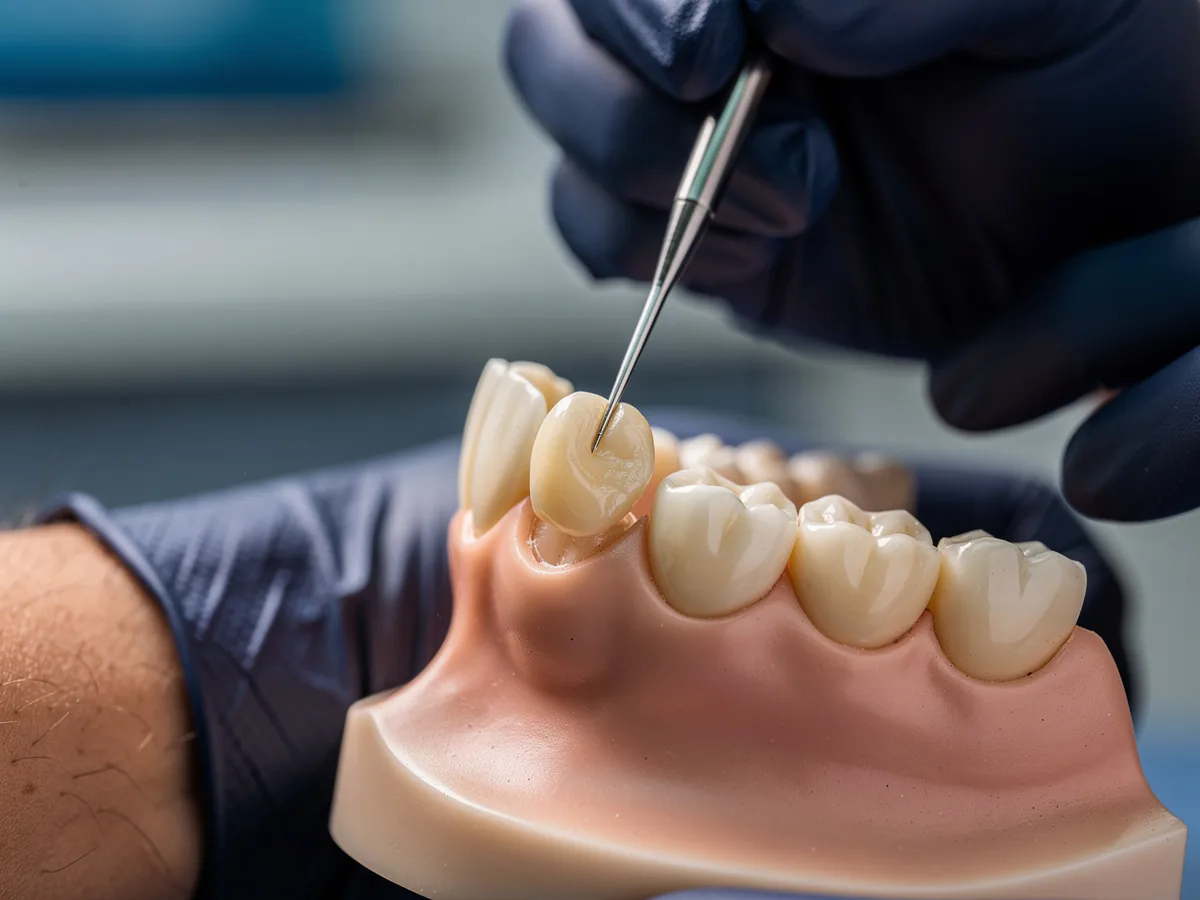 Illustrative picture: composite resin being shaped on a front tooth of a dental model