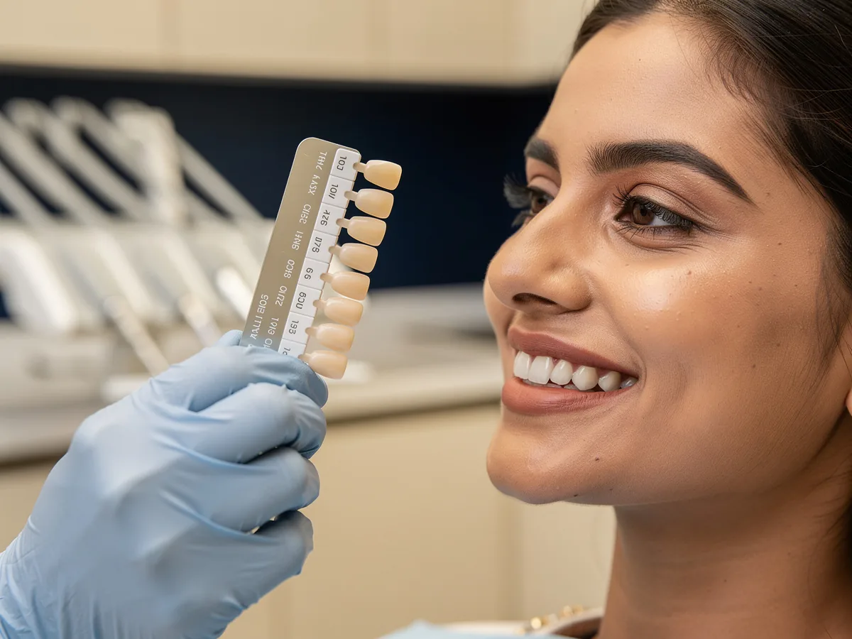 Illustrative picture: a shade guide held beside a woman's smile to match tooth colour