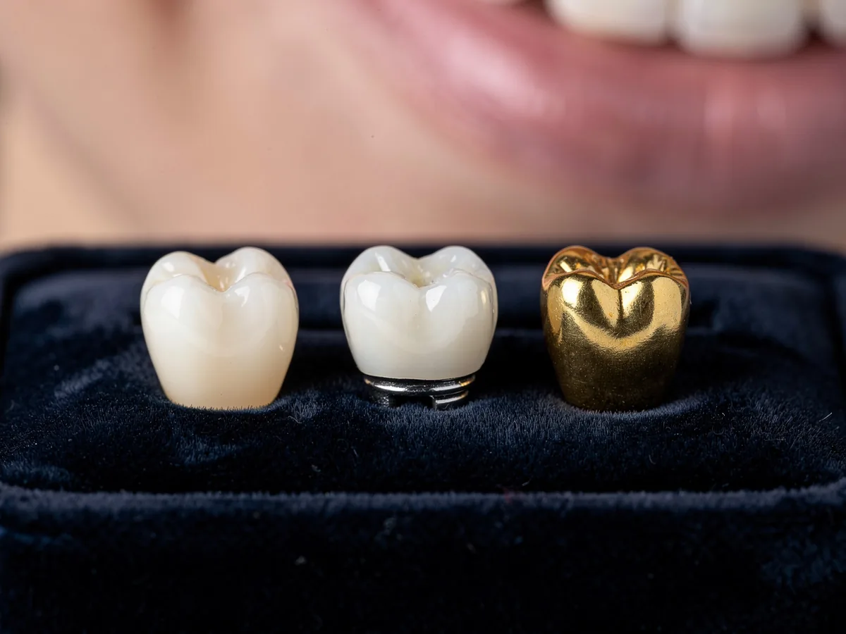 Illustrative picture: zirconia, porcelain-fused-to-metal and metal crowns side by side