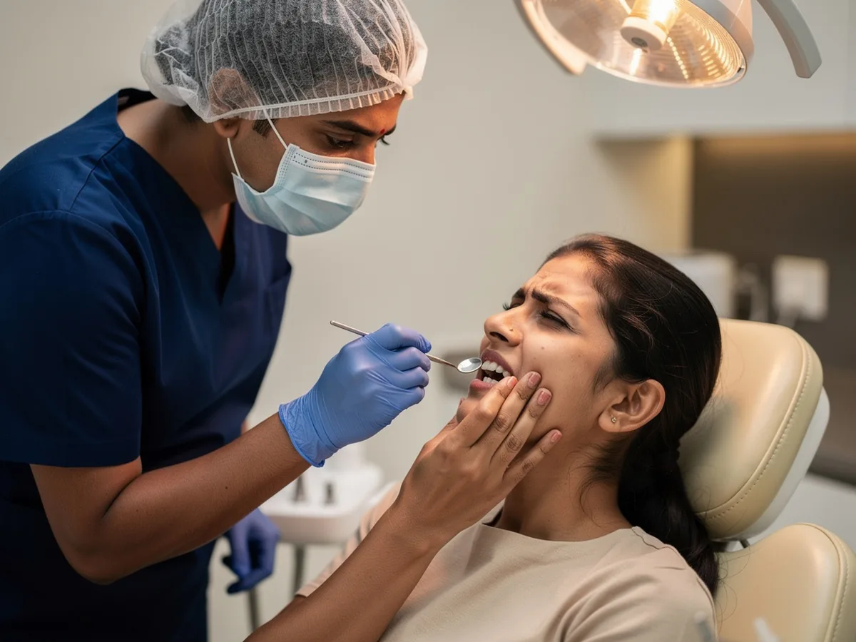 Illustrative picture: a woman in tooth pain being gently examined by a masked dentist