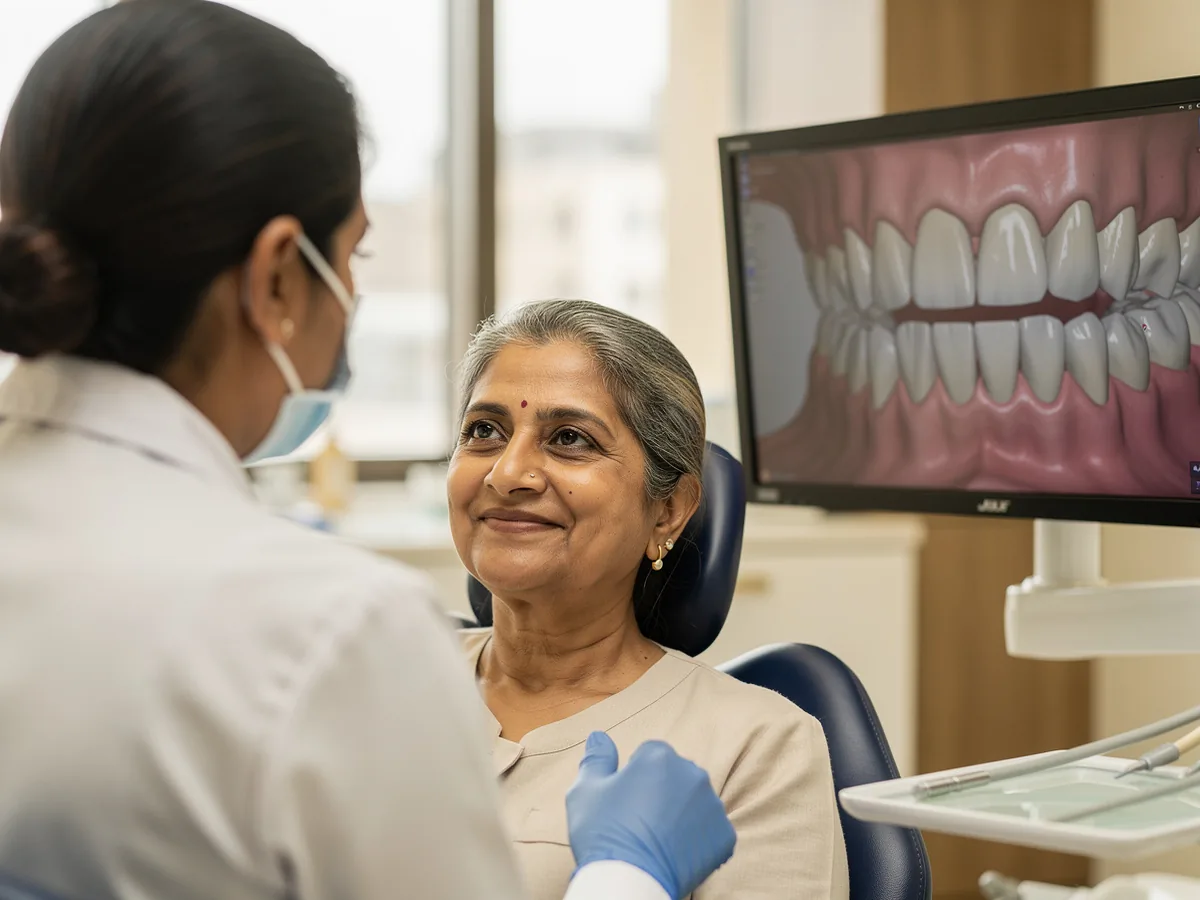 Illustrative picture: a dentist and a patient looking at a 3D plan of a full set of teeth