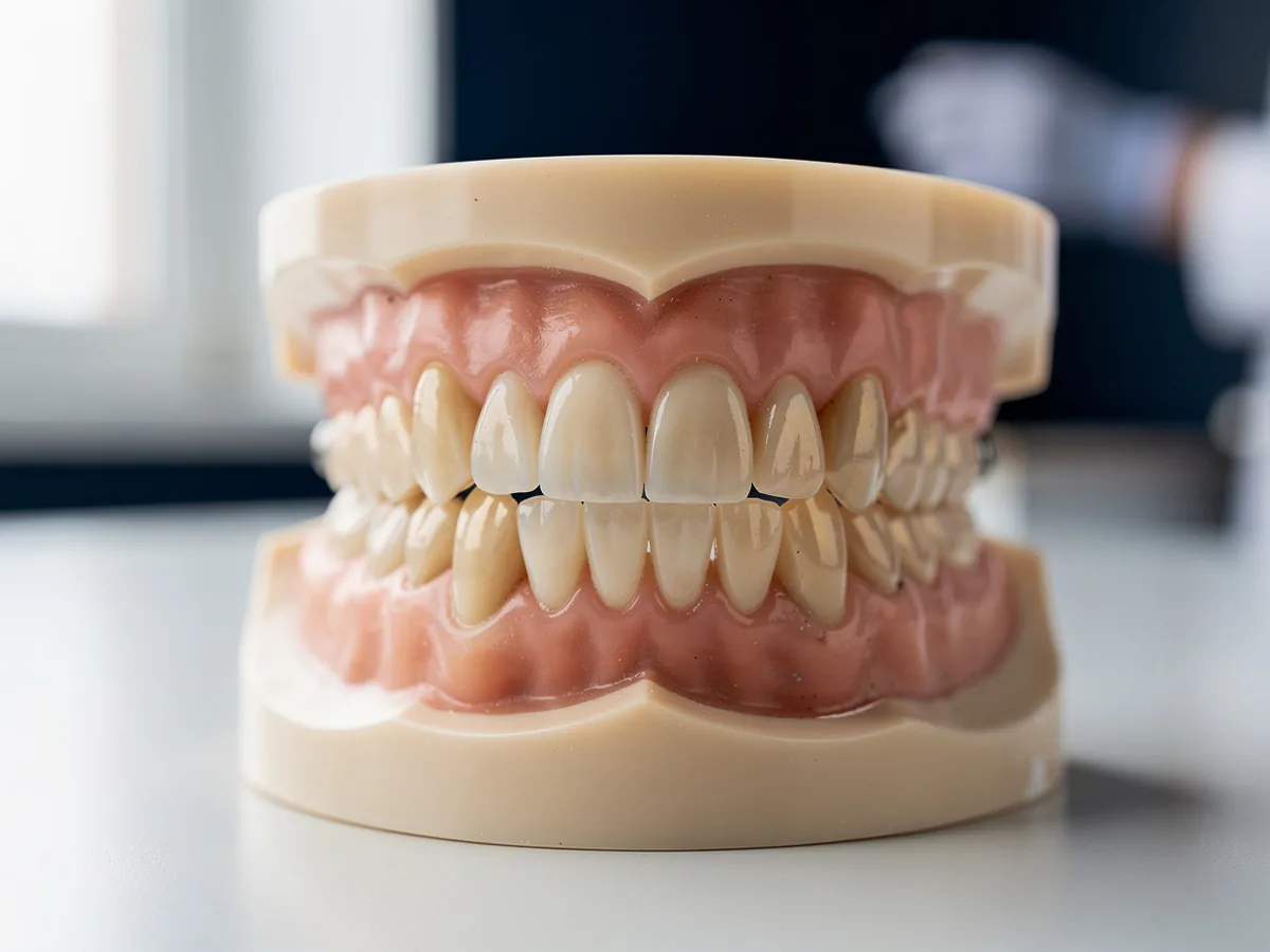 Illustrative picture: a full arch of ceramic crowns on a dental model