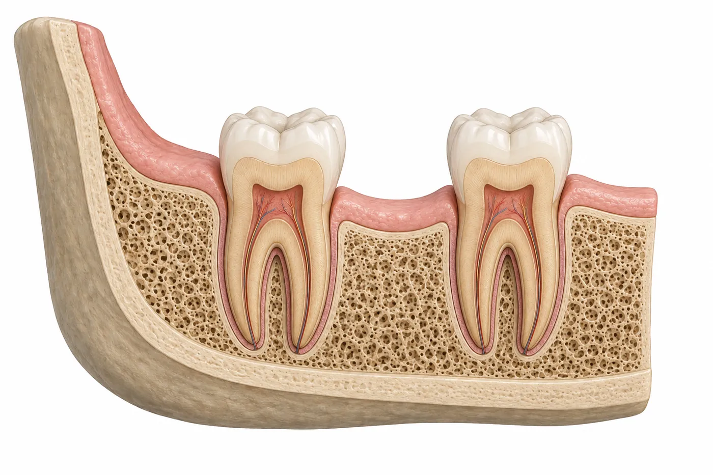 Cross-section of the lower jaw showing a gap where a molar is missing, with the gum healed over the bone ridge.