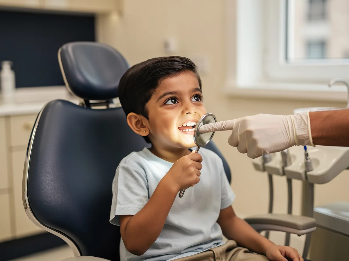 Illustrative picture: a boy in the dental chair looking at his teeth in a hand mirror