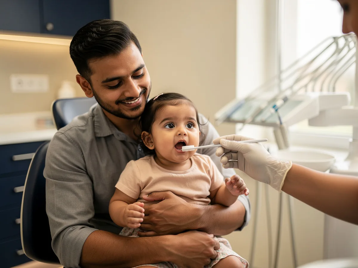Illustrative picture: a toddler on her father's lap at a first dental check-up