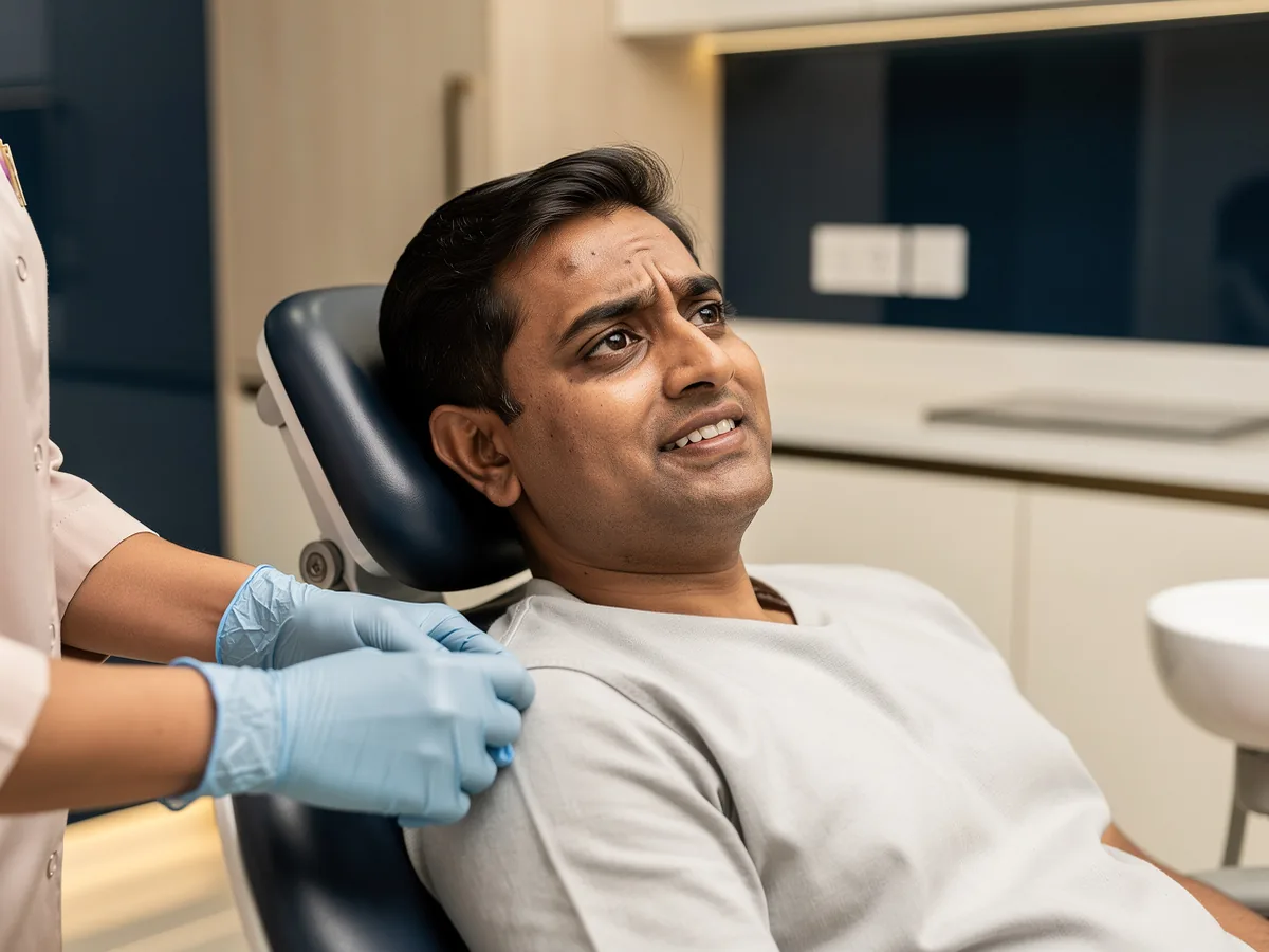 Illustrative picture: an anxious patient's hand being gently held in the dental chair