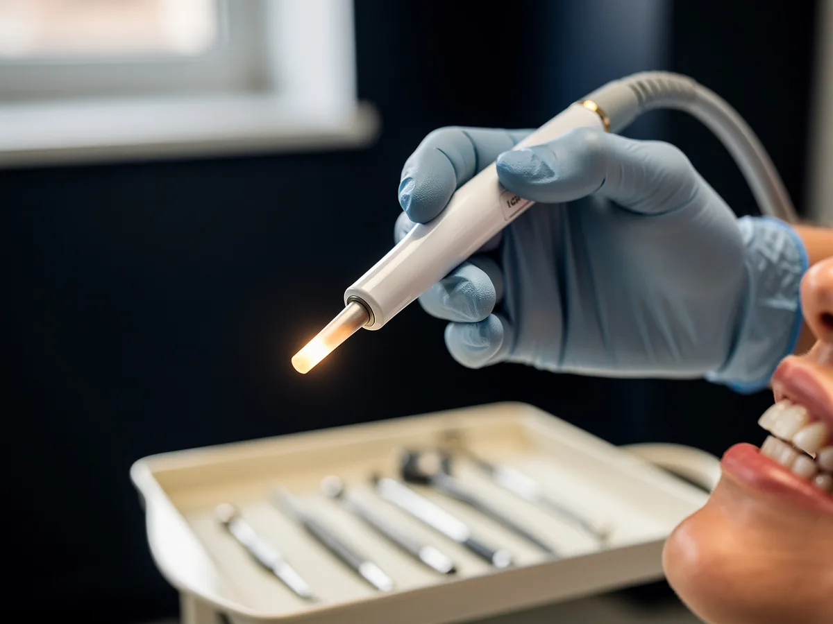 Illustrative picture: a dental laser handpiece held in a gloved hand