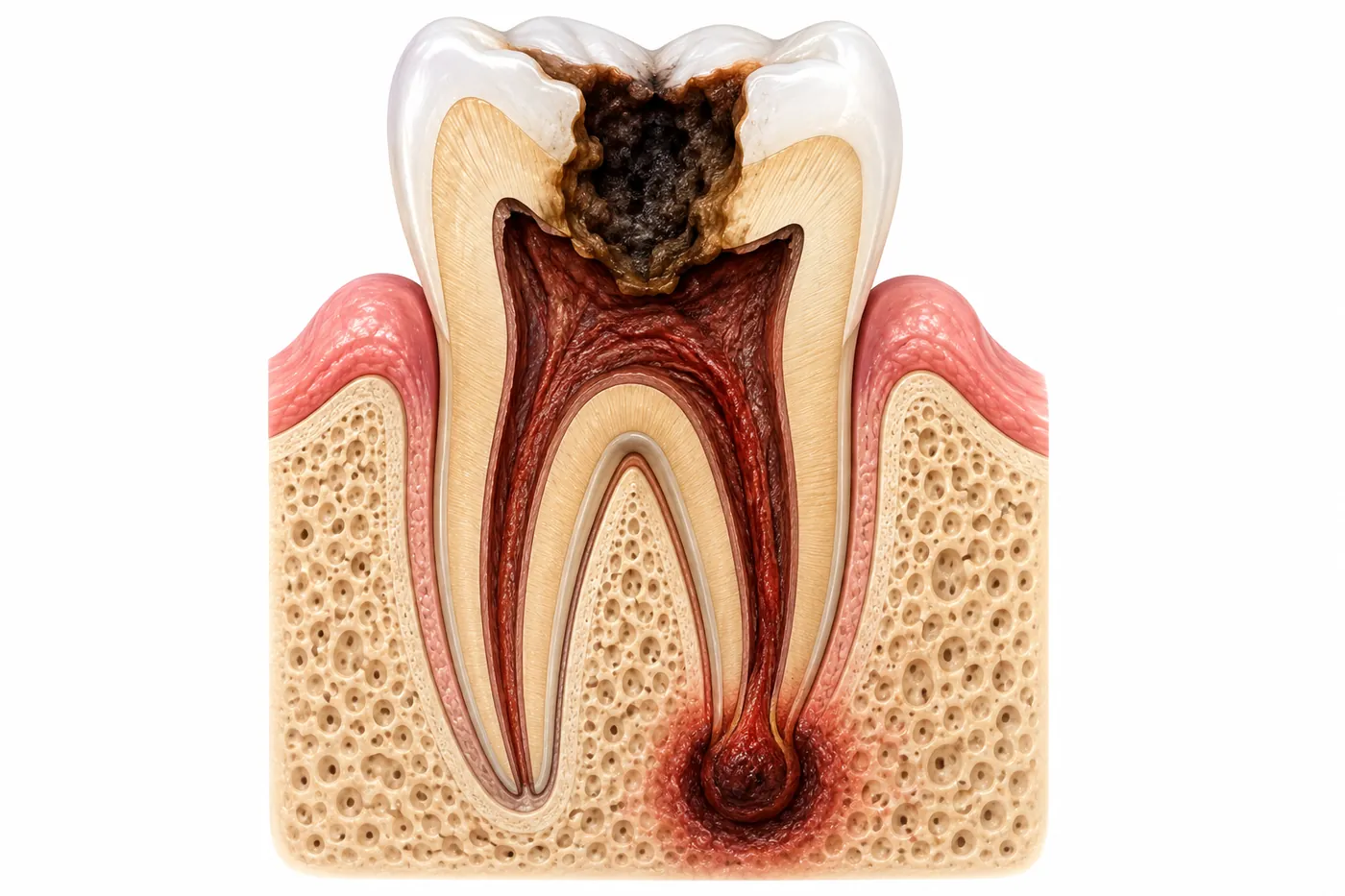 Cross-section of a molar with deep decay reaching the pulp and an infection in the bone at the root tip.