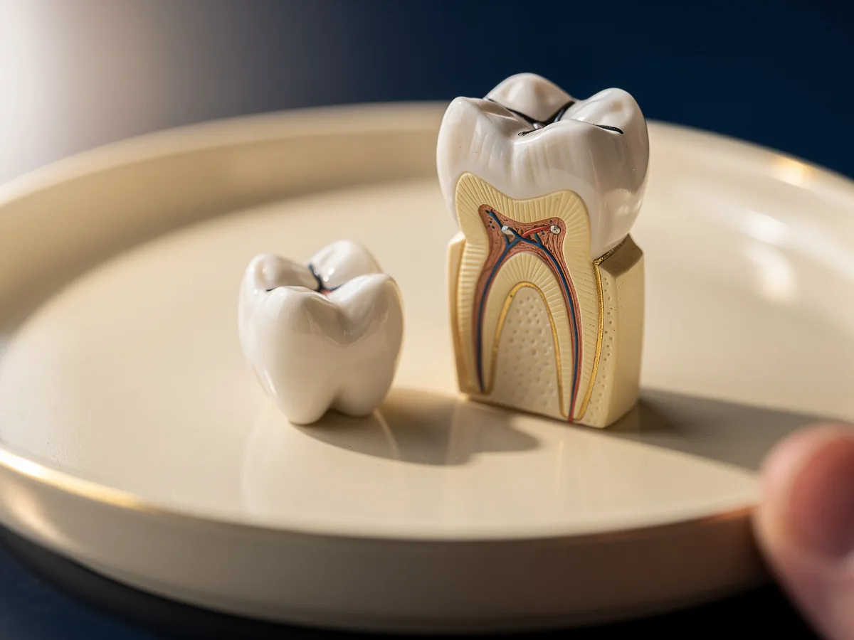 Illustrative picture: a ceramic crown beside a model of a root-canal-treated molar