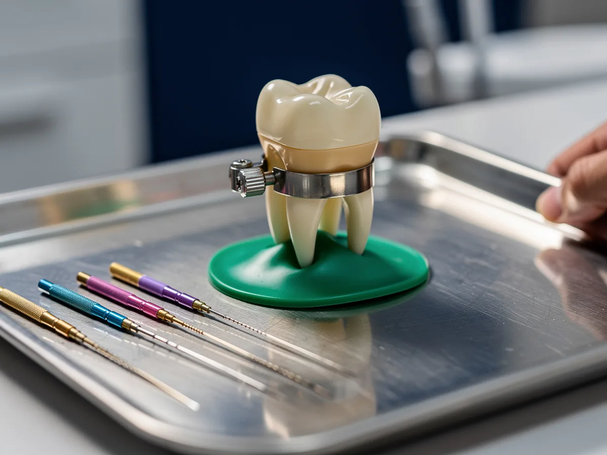 Illustrative picture: a tooth model with a rubber dam clamp beside root canal files