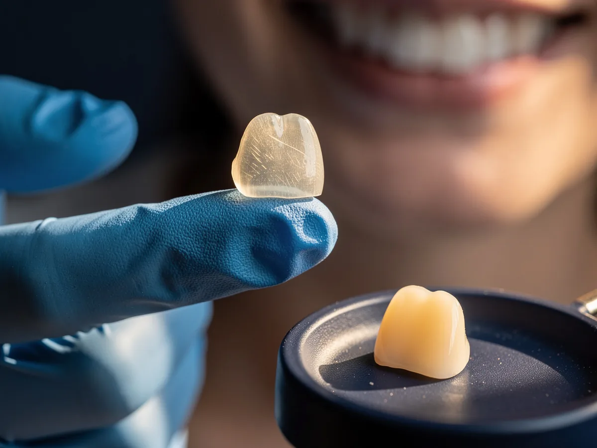 Illustrative picture: a thin porcelain veneer on a gloved fingertip