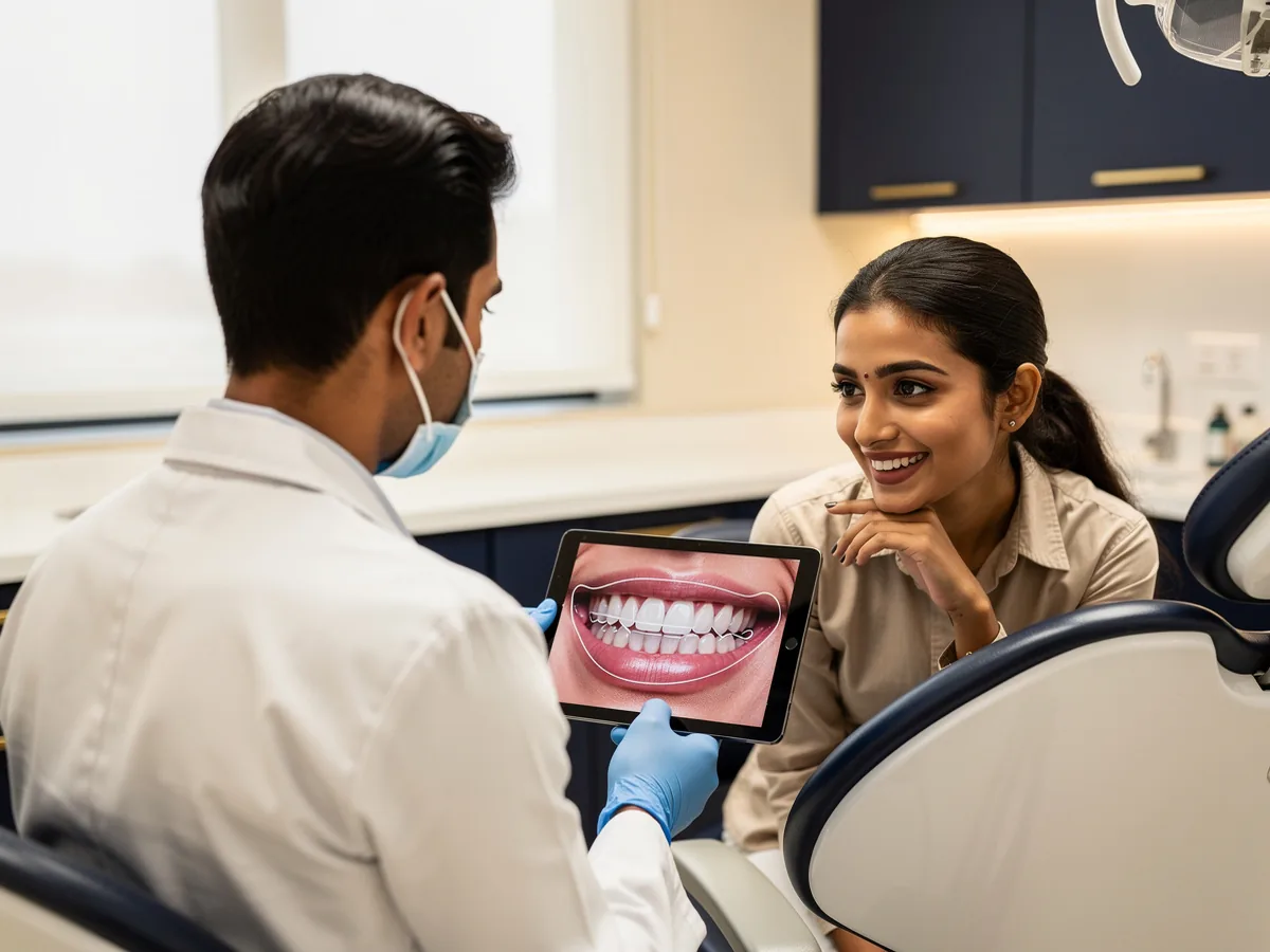 Illustrative picture: a dentist and a patient looking at a smile design on a tablet