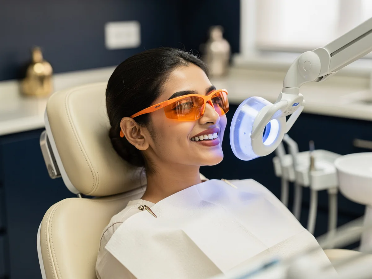 Illustrative picture: a woman relaxing during in-clinic teeth whitening