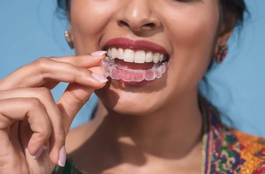 Indian woman inserting clear aligner