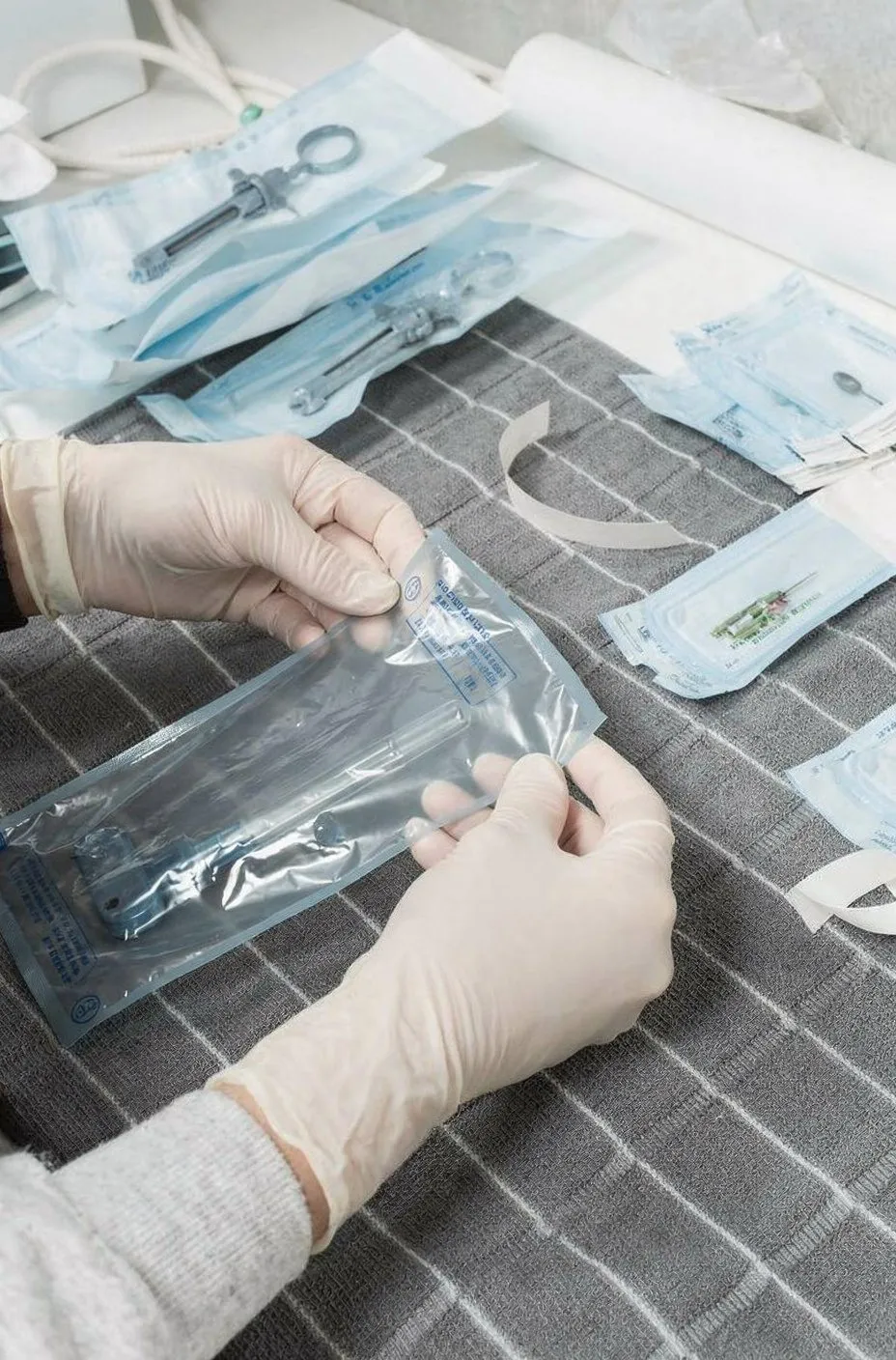 Gloved hands opening transparent sterilization pouch over checked surface; methodical, procedural mood