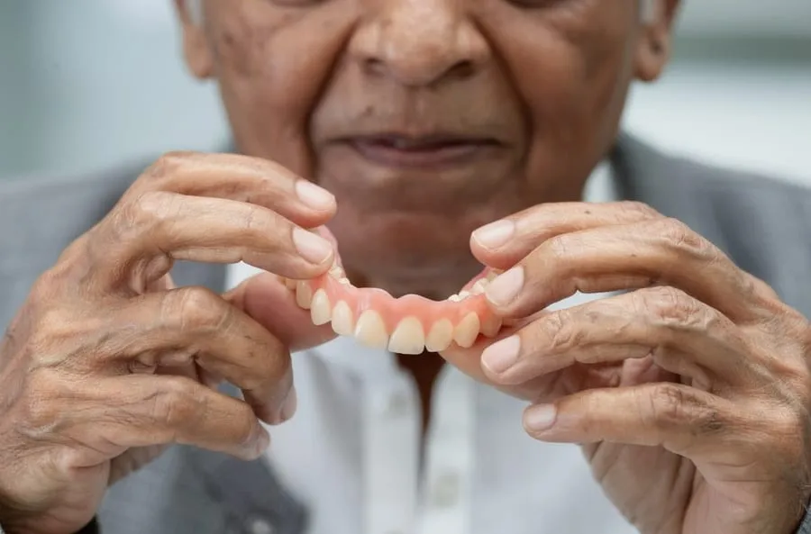 Elderly patient holding denture