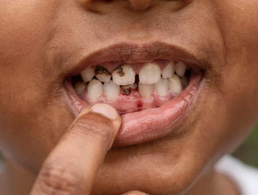 Child's lower jaw showing severe cavities and decay