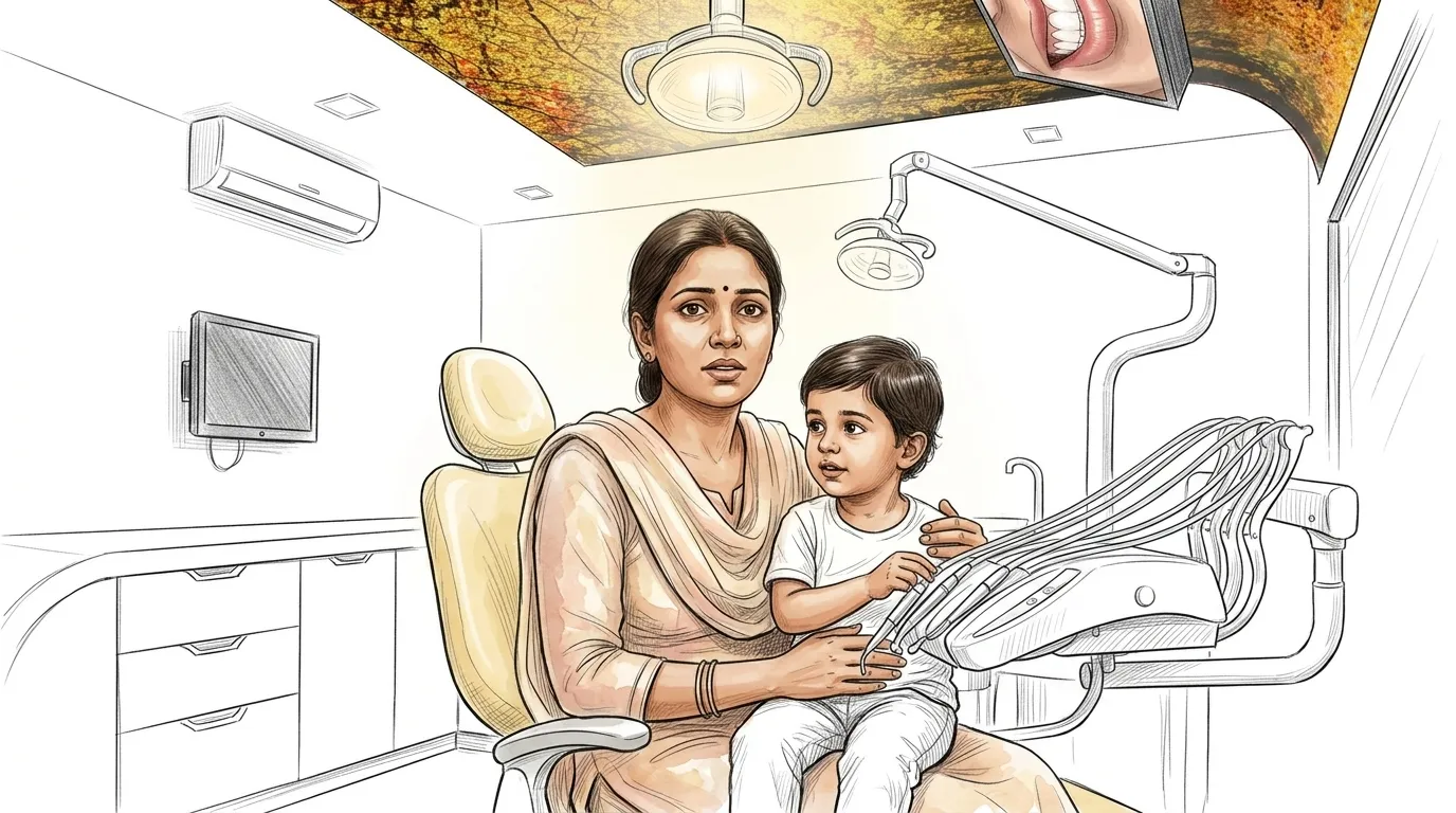 Illustrated patient experience sketch for kids dental care treatment at Smile Gallery Bhopal