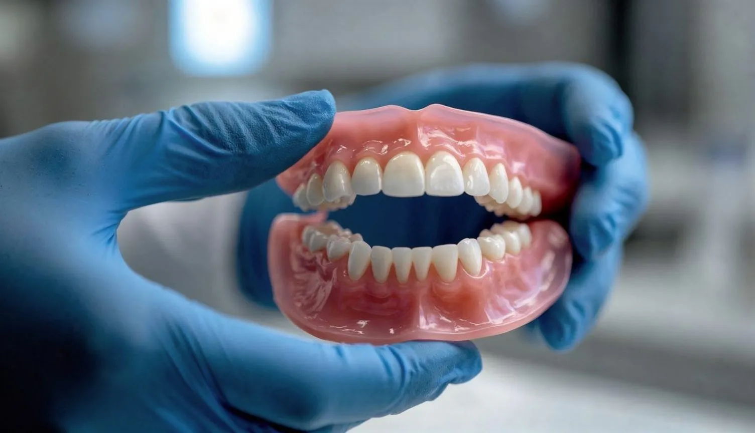 Gloved hands holding open full-arch dental model; educational, clinical mood
