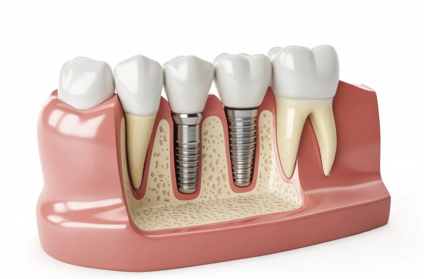 3D rendered cross-section showing two titanium implant screws in jawbone with white ceramic crowns; educational