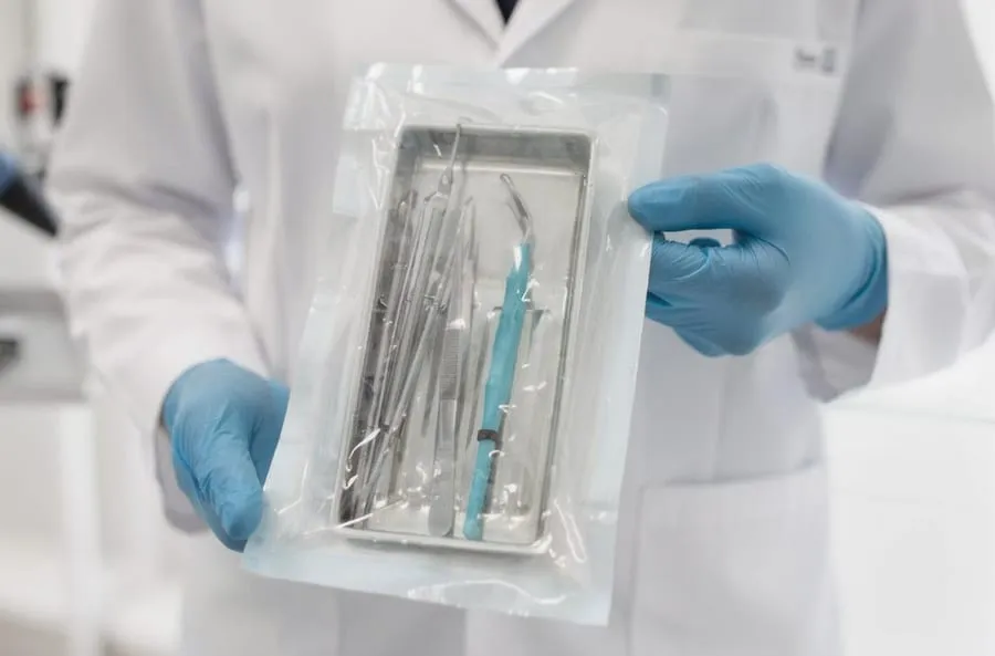 Doctor holding sealed sterile instrument tray