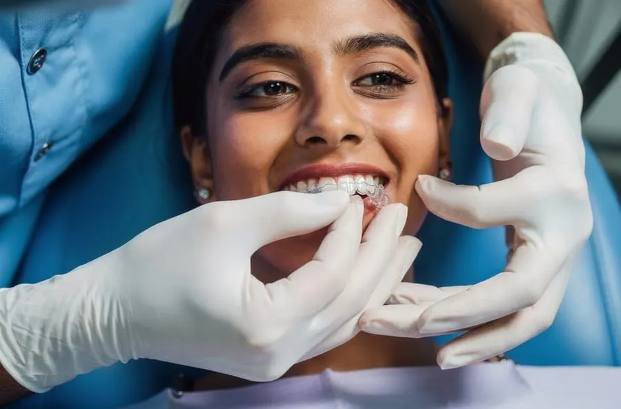 Patient fitting clear aligner in dental chair