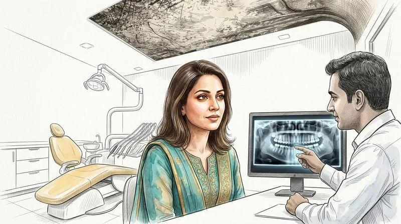 Illustrated patient experience sketch for dentist in bhopal treatment at Smile Gallery Bhopal