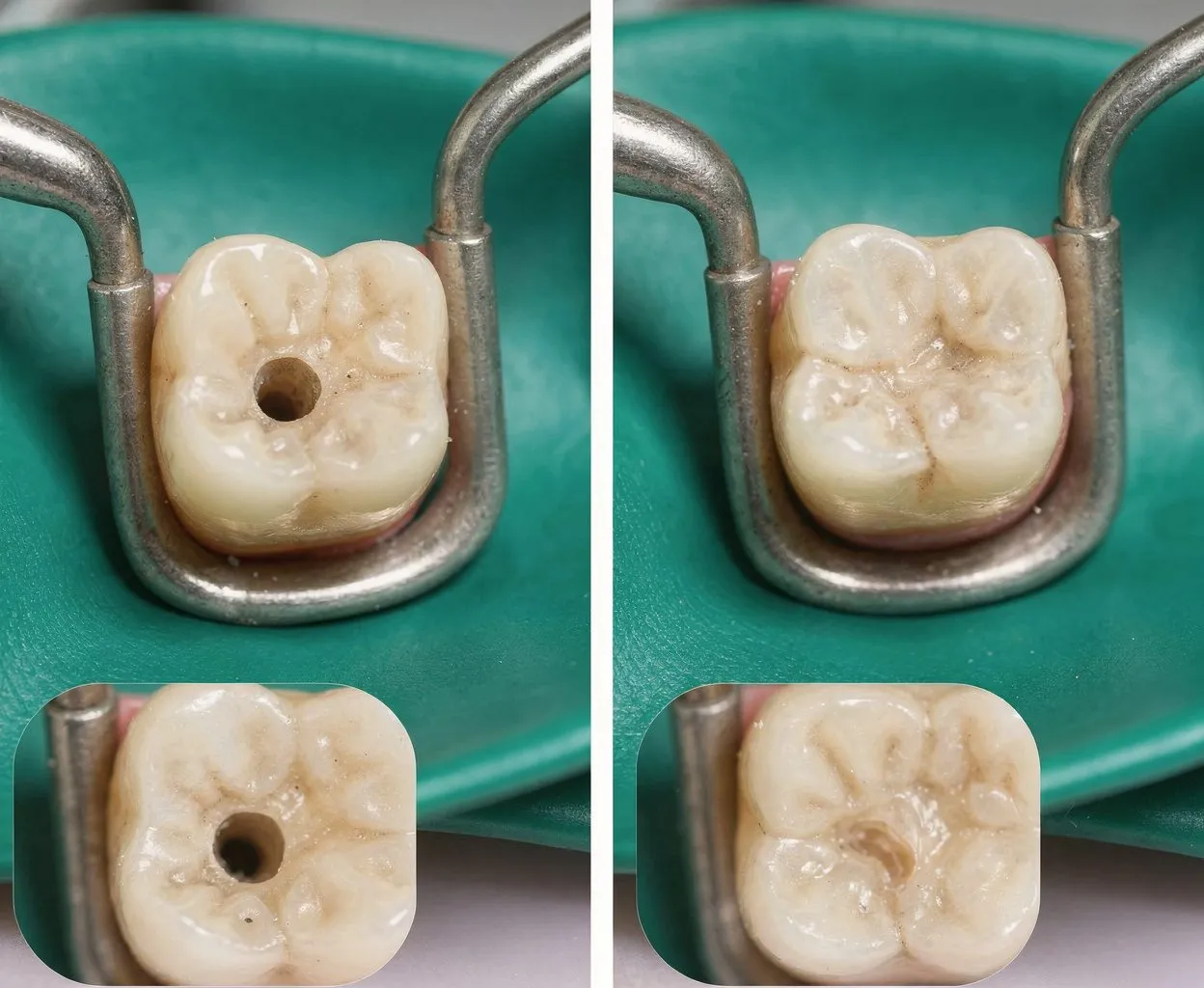 Before/after split panel of molar on rubber dam: access cavity drilled; then completed restoration