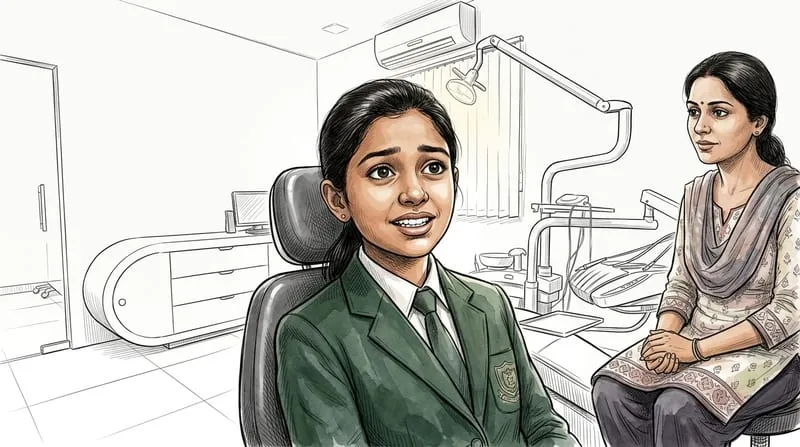 Illustrated patient experience sketch for braces treatment at Smile Gallery Bhopal