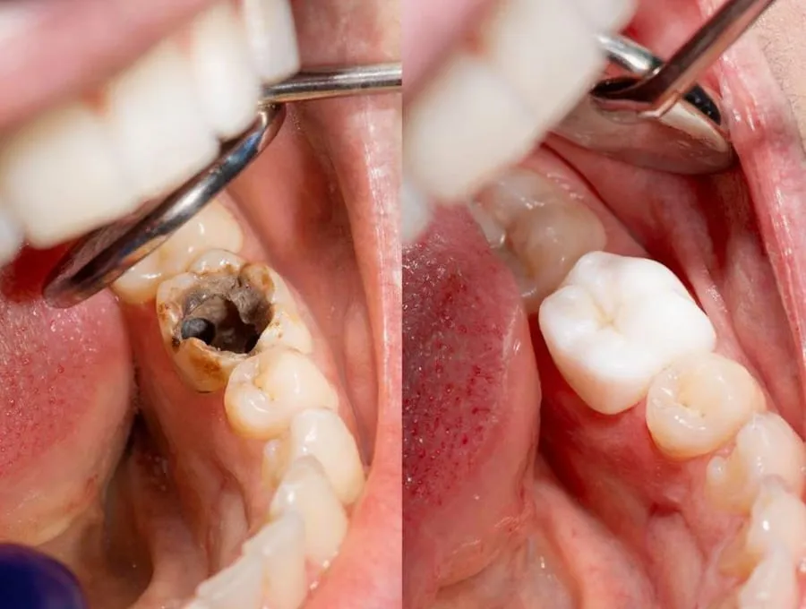 Before/after: cavity to crown restoration