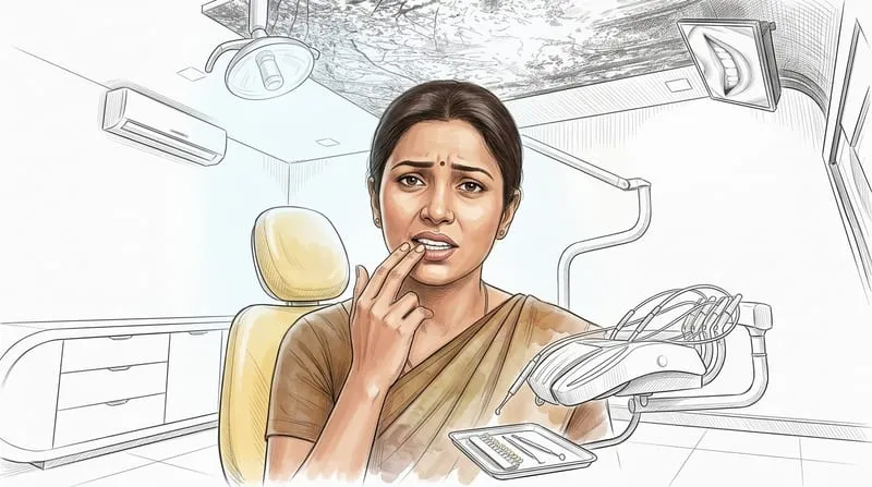 Illustrated patient experience sketch for teeth sensitivity treatment at Smile Gallery Bhopal