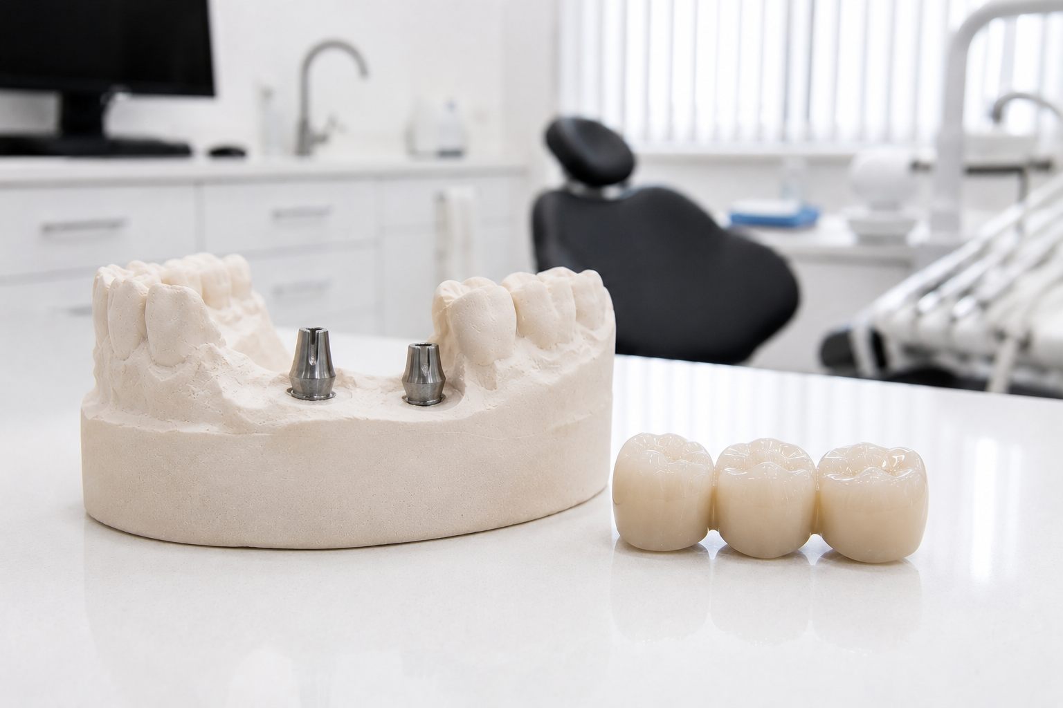 lab-made ceramic crowns and bridge on a dental cast with implant abutments at Smile Gallery, Bhopal
