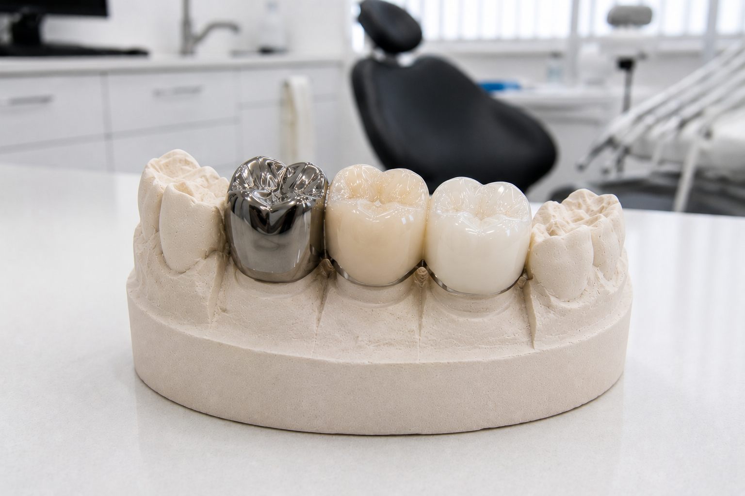 dental crown types in Bhopal — a metal crown beside tooth-coloured ceramic (zirconia) crowns on a dental cast