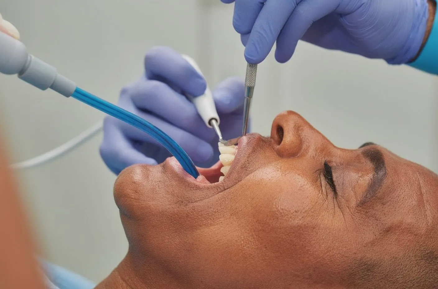 Dark-skinned male patient in dental chair, mouth open; gloved hands using scaler and suction on posterior teeth