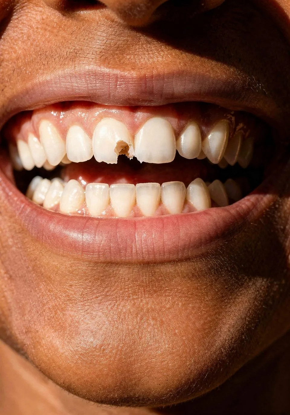 Close-up of smiling person showing chipped/cracked upper front tooth with decay or fracture