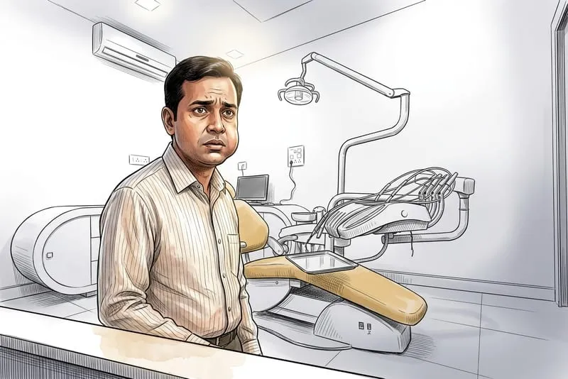 Illustrated patient experience sketch for dental emergency treatment at Smile Gallery Bhopal