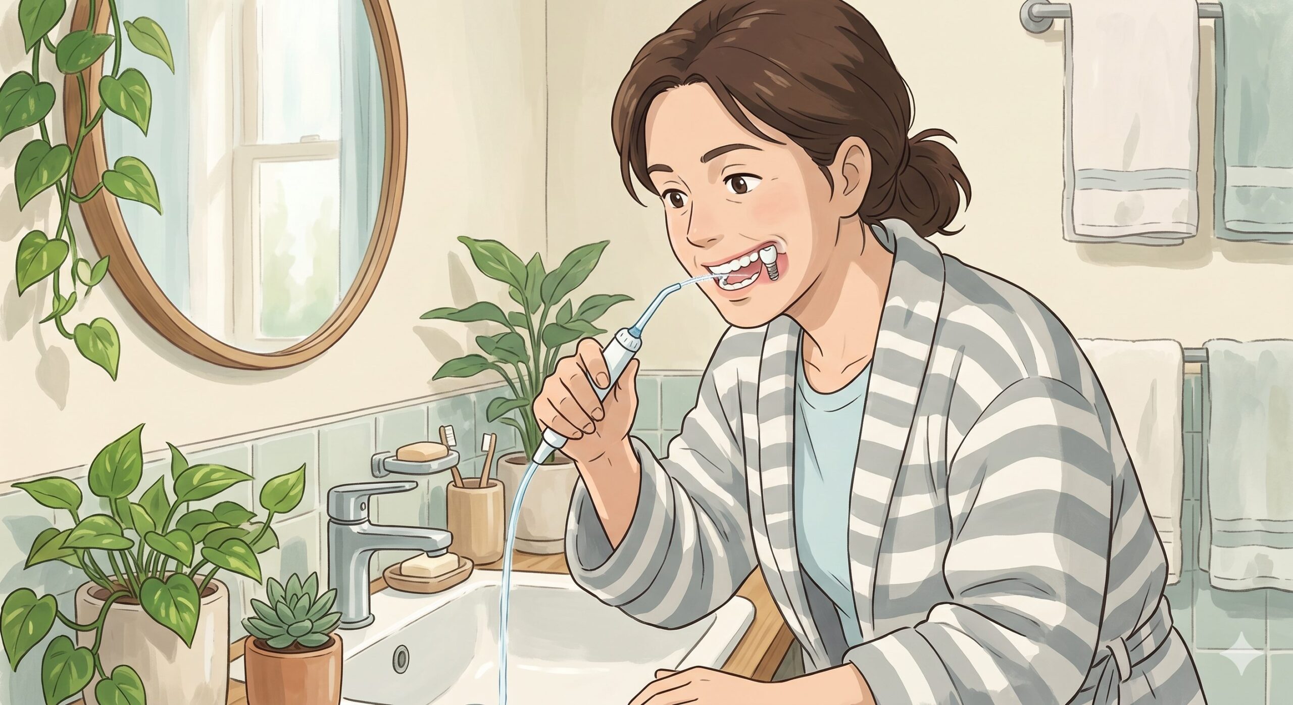 a woman water flossing as part of her daily routine for healthier gums
