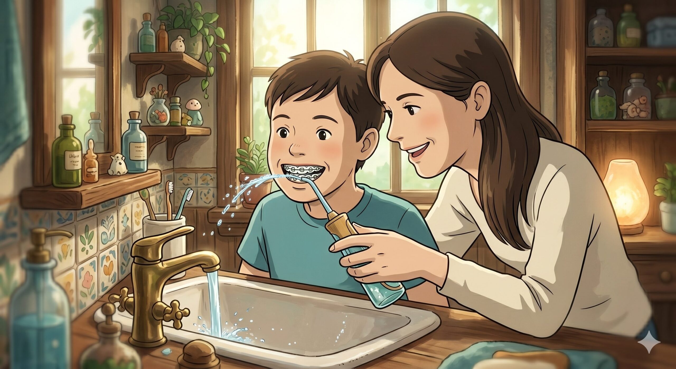 a teenager with braces using a water flosser to clean around the brackets and wires